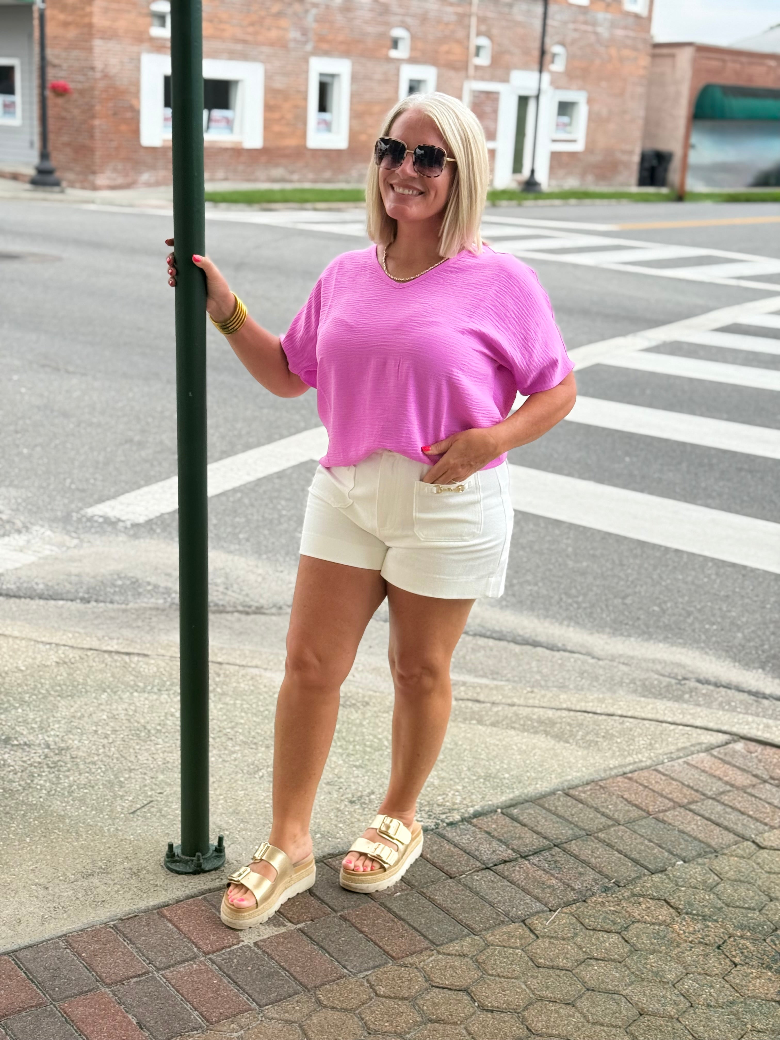 Bright Mauve Woven Airflow V-neck Short Sleeve Top