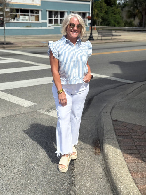Blue Stripe Button Front Sleeveless Blouse Top
