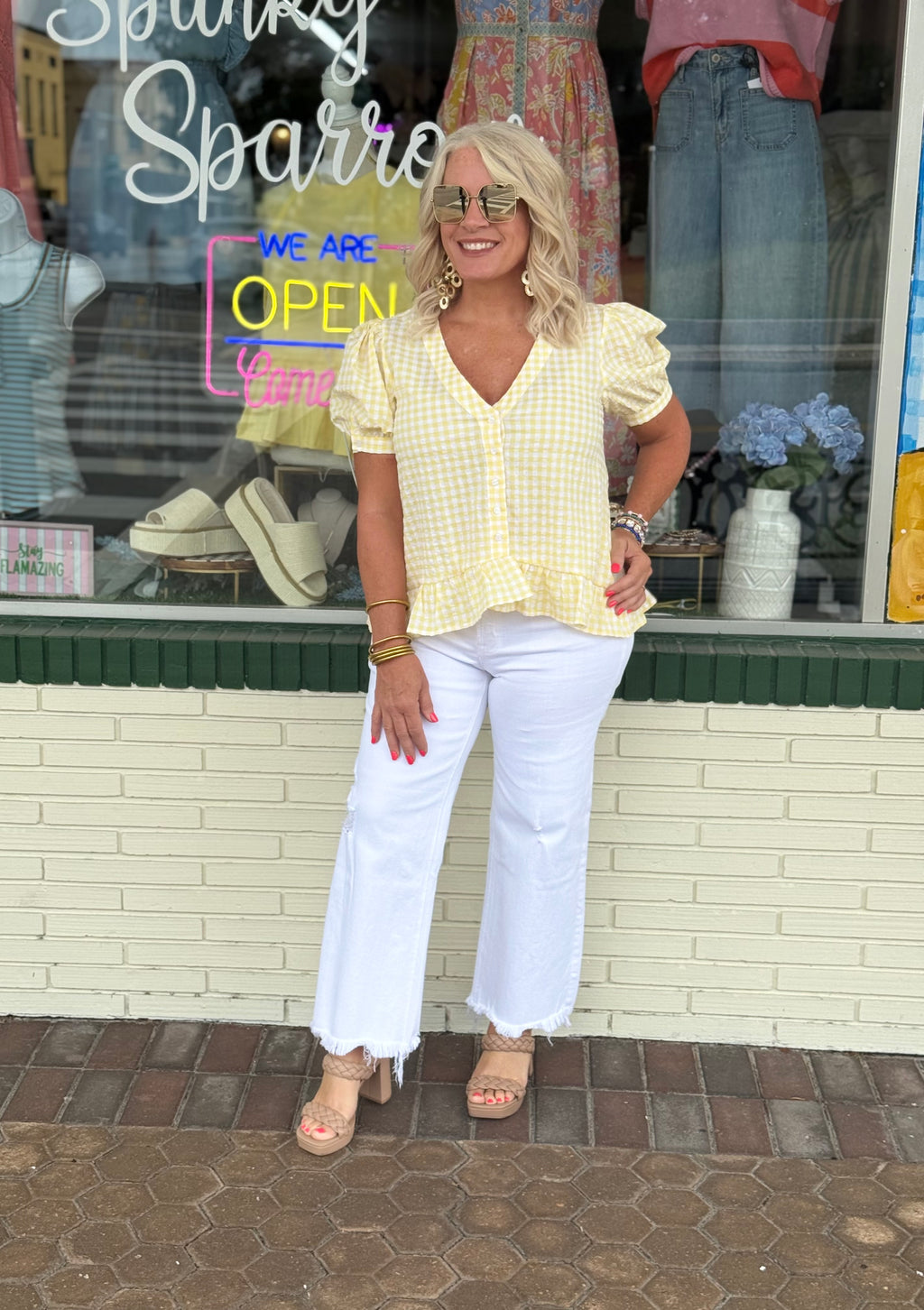 Yellow Gingham Short Puff Sleeves V-Neck Blouse Top