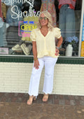 Yellow Gingham Short Puff Sleeves V-Neck Blouse Top