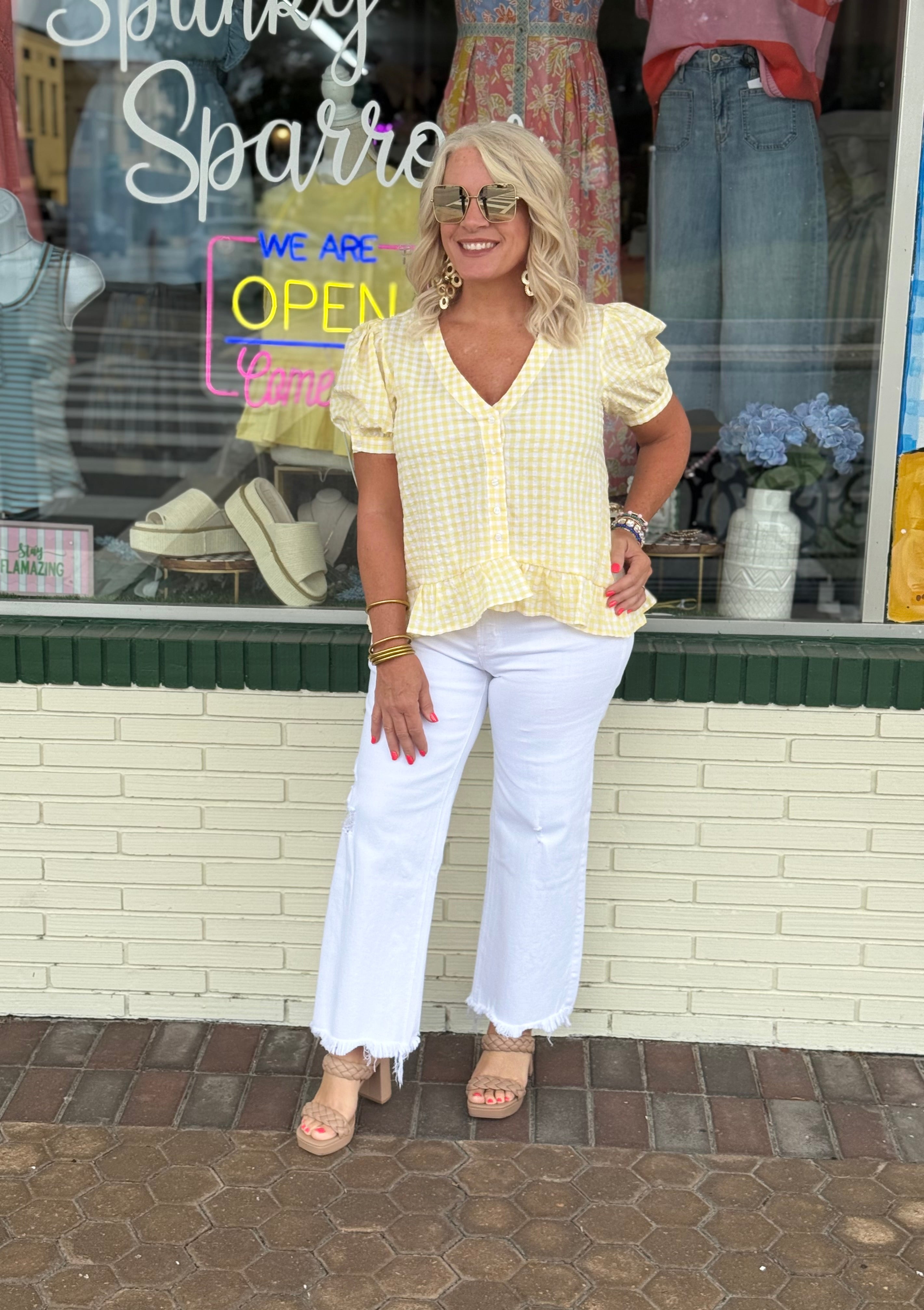 Yellow Gingham Short Puff Sleeves V-Neck Blouse Top