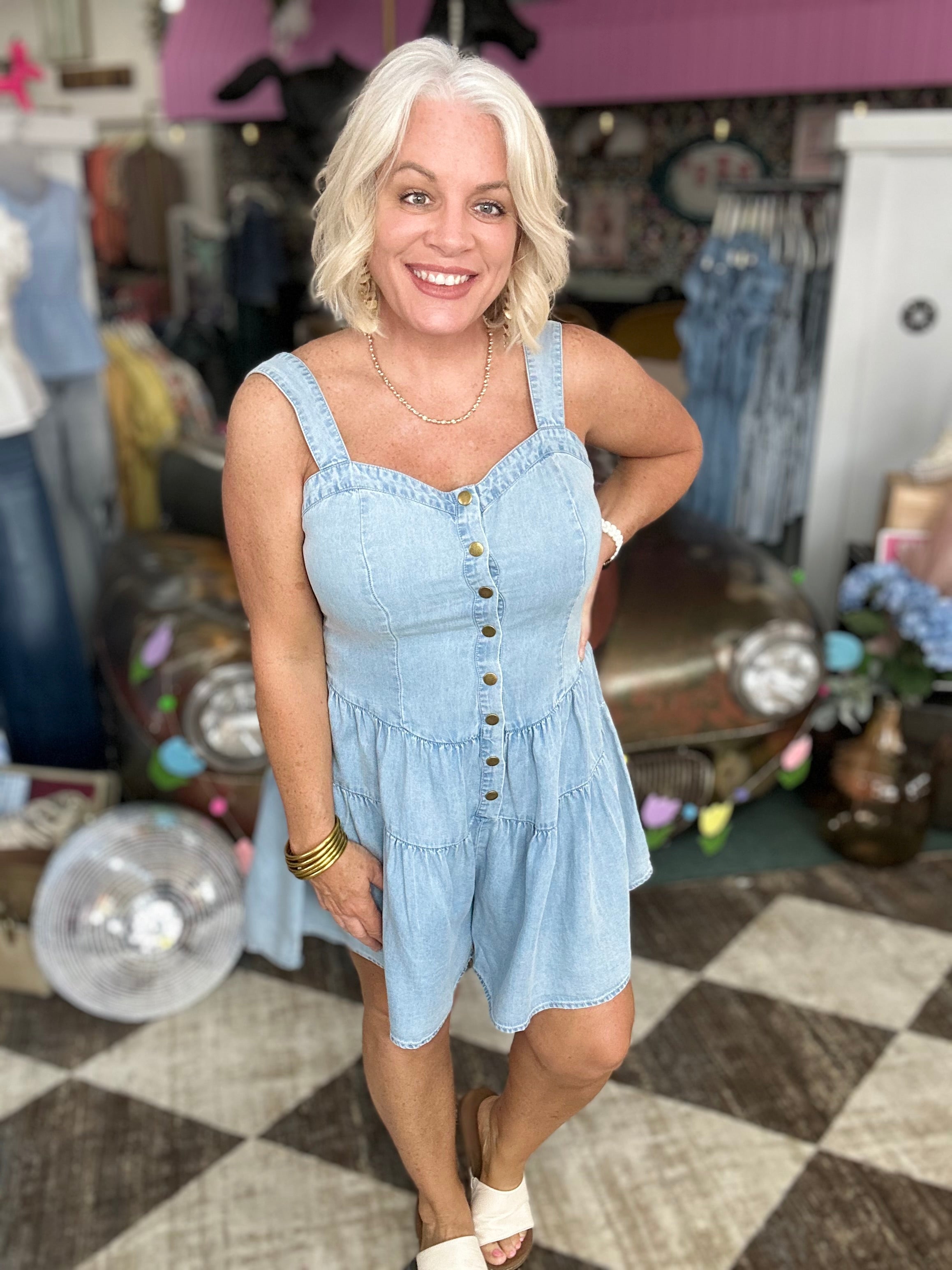 Denim Wide Strap Tiered Flare Romper