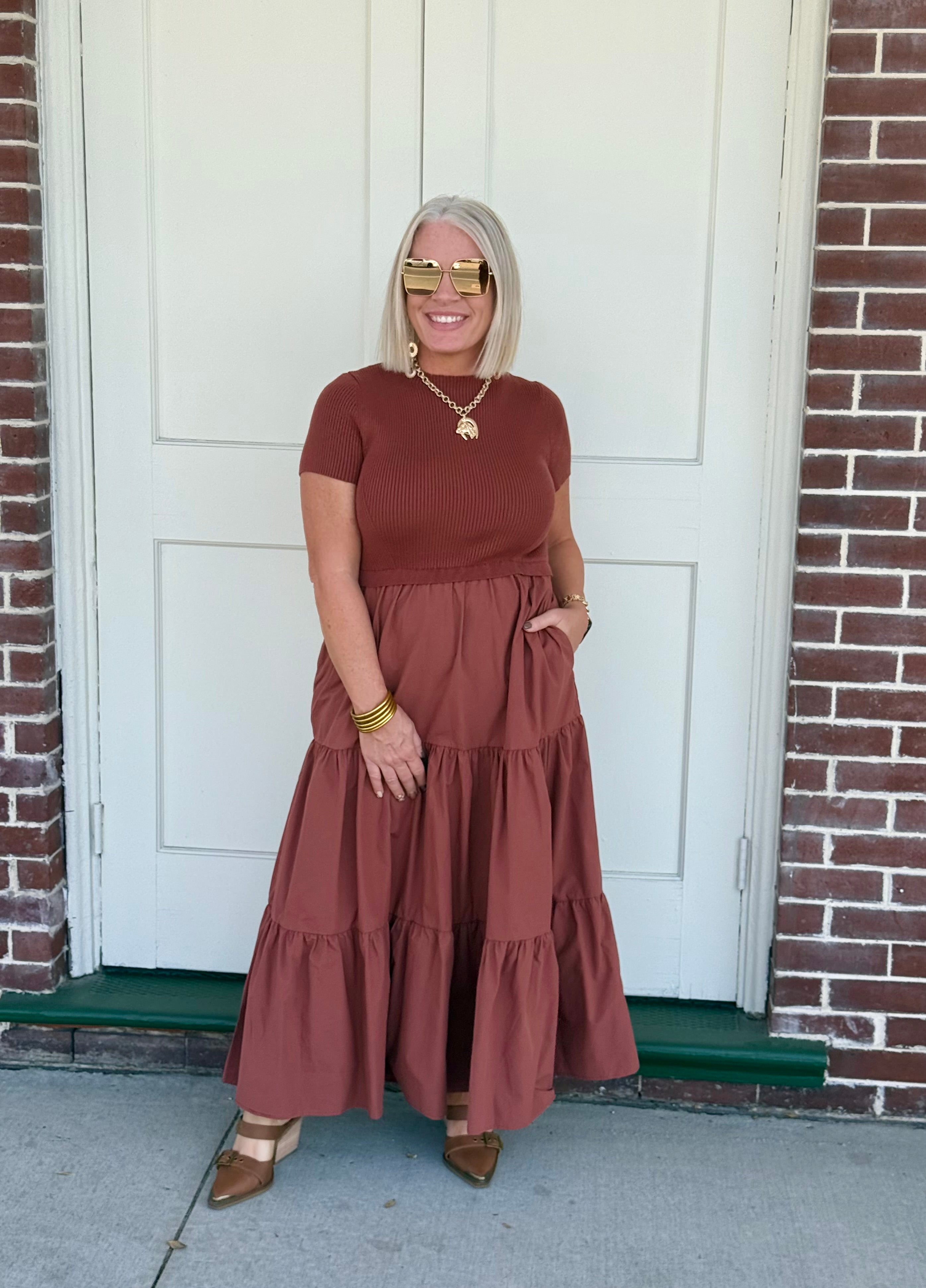 Mock Neck Short Sleeve Knit & Woven Mix Tiered Midi Dress