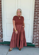 Load image into Gallery viewer, Mock Neck Short Sleeve Knit &amp; Woven Mix Tiered Midi Dress in Rust
