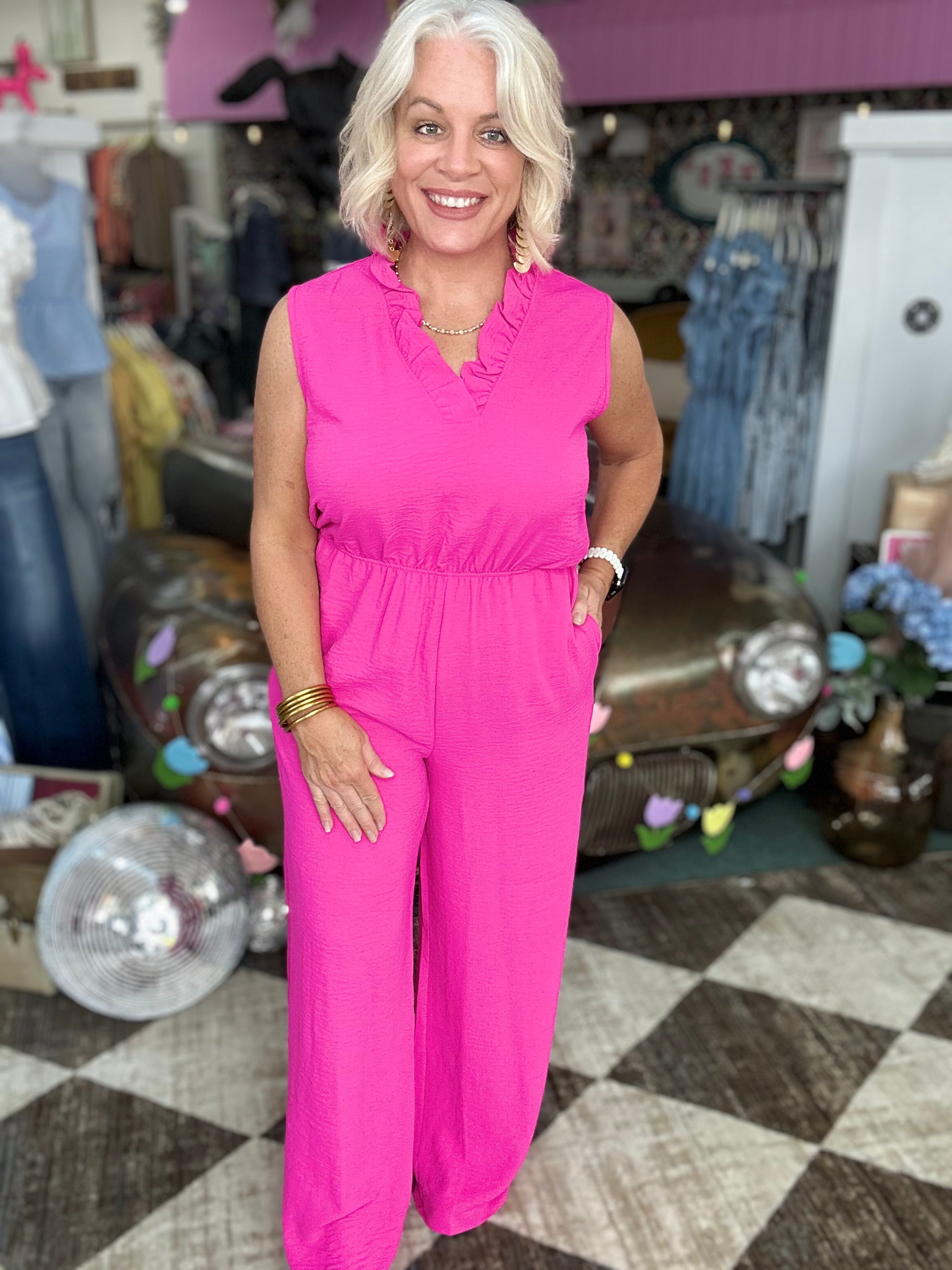 Hot Pink Ruffled V Neck Jumpsuit with Elastic Waistband
