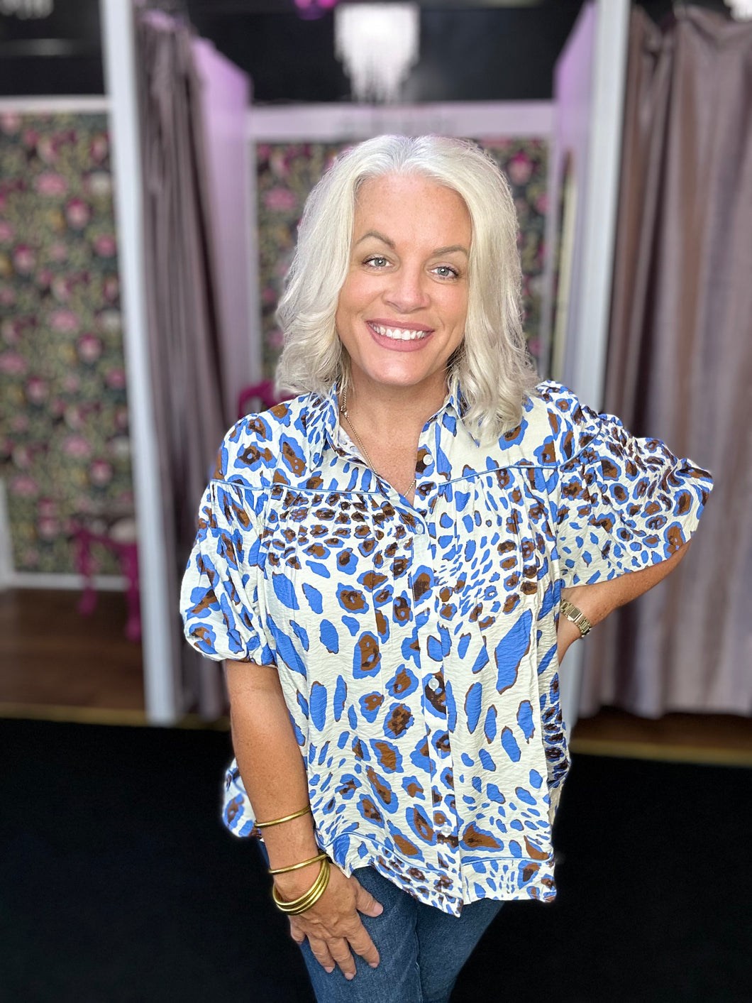 Leopard Print Button Down Blouse in blue