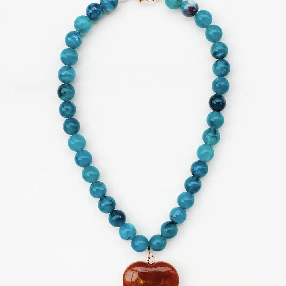 Teal Beaded with Brown Stone Heart 16"-18" Necklace