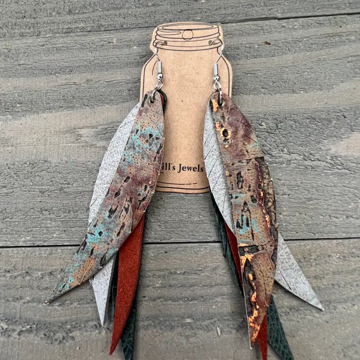 Green Copper Fringe Feather Leather Earrings