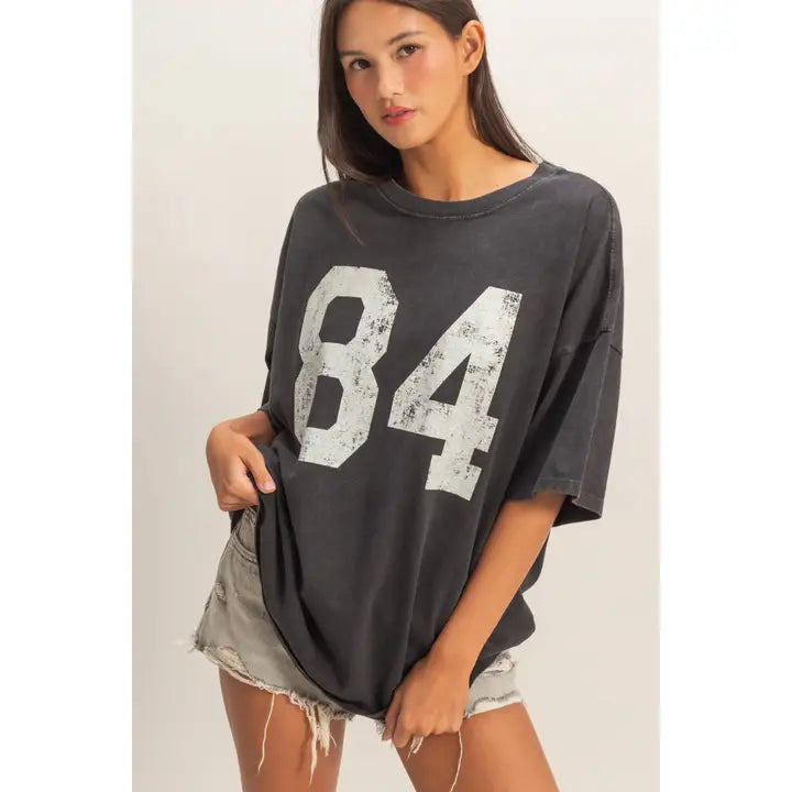 Black Mineral Washed Oversized Number 84 Graphic T-Shirt