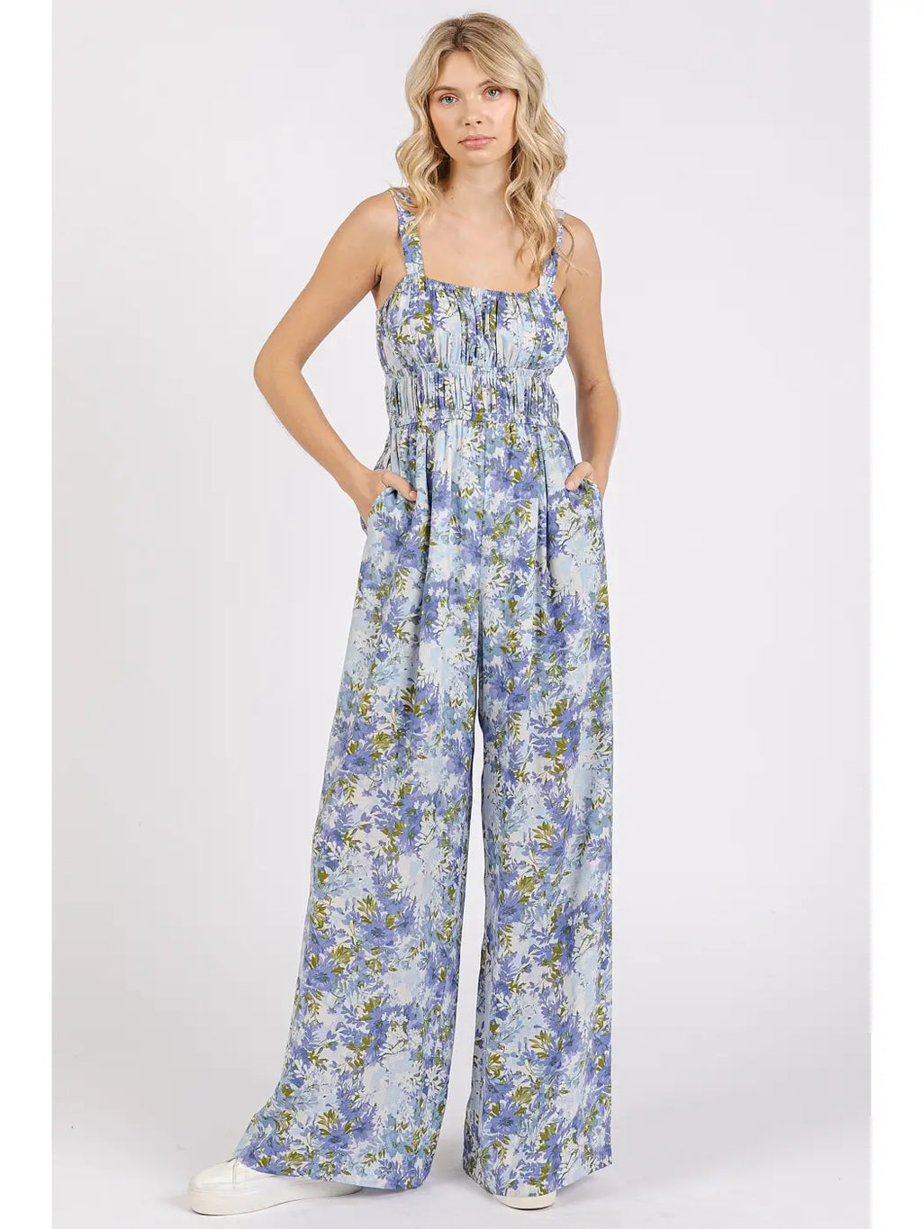 Flower Print Gathered Bust Sleeveless Jumpsuit