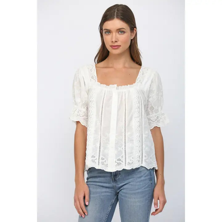 White Square Neck Eyelet Blouse with embroidered detailing