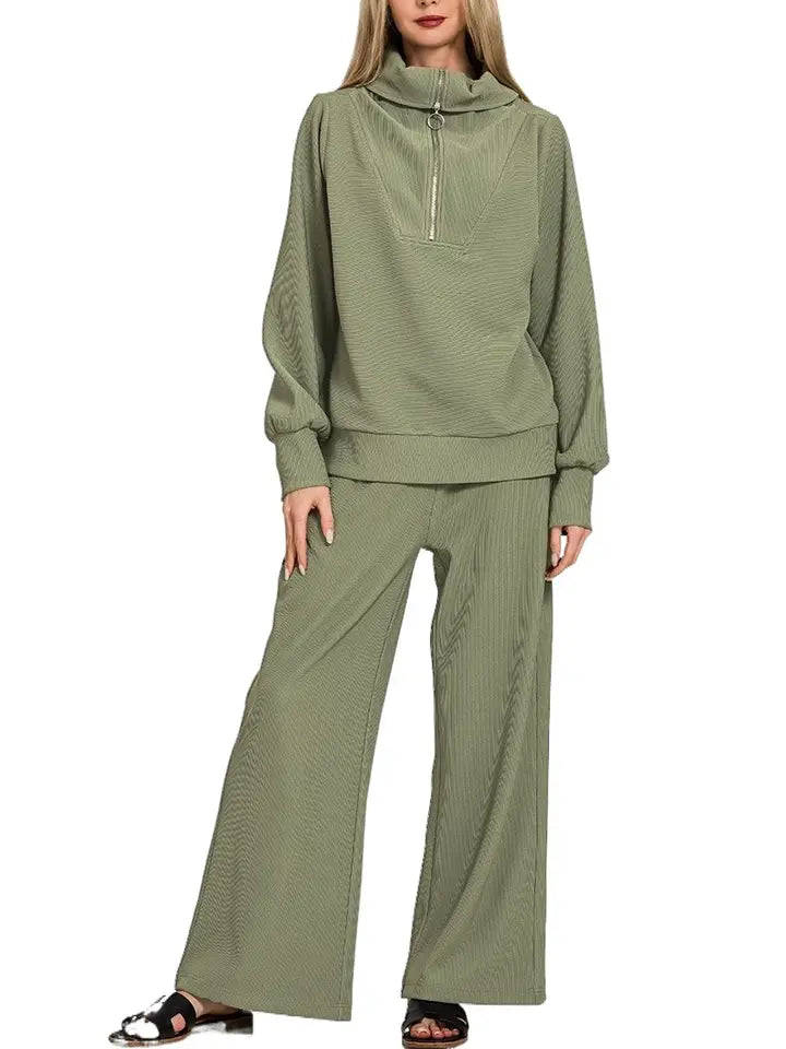 Olive Ribbed scuba Half Zip Pants Set