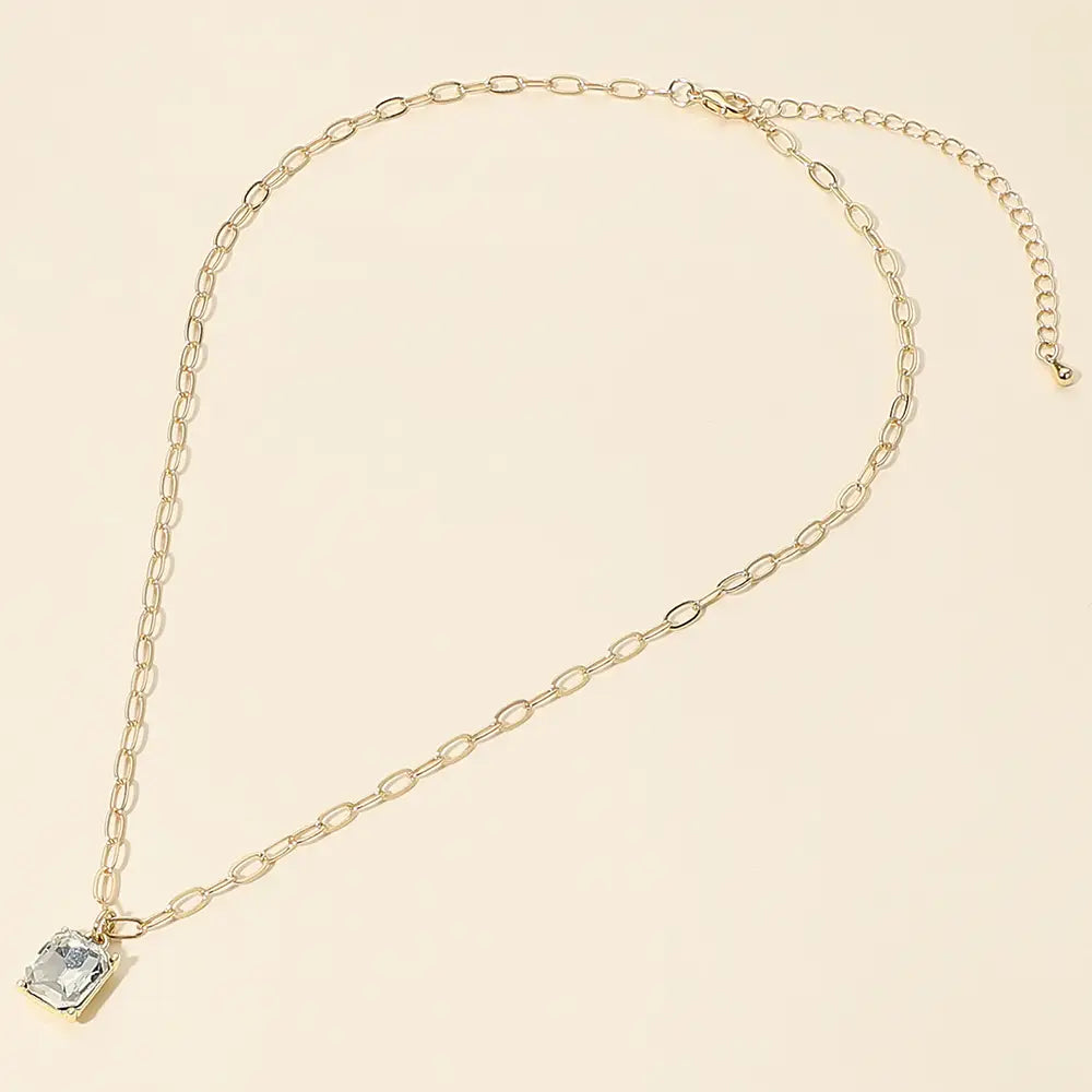 Faceted Rectangular Gem Pendant Paperclip Chain Necklace