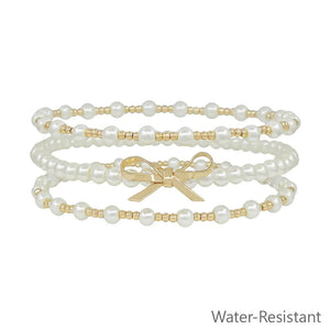 Set of 3 Pearl and Gold with Gold Bow Stretch Bracelets