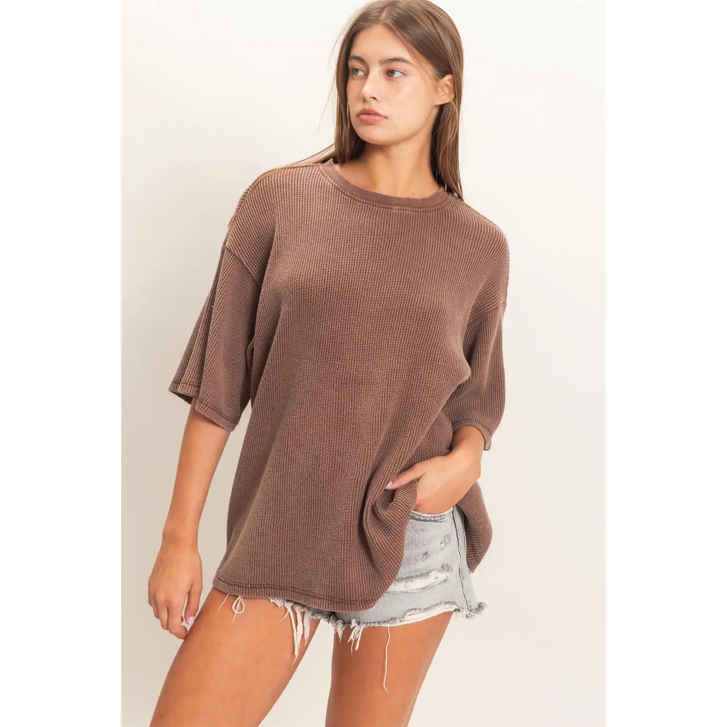 Waffle short sleeve top in Dark Brown