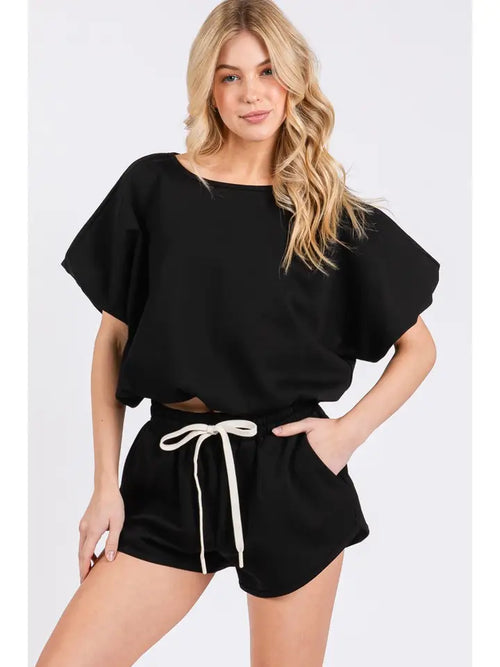 Bubble Hem Top and Bottom Set in Black