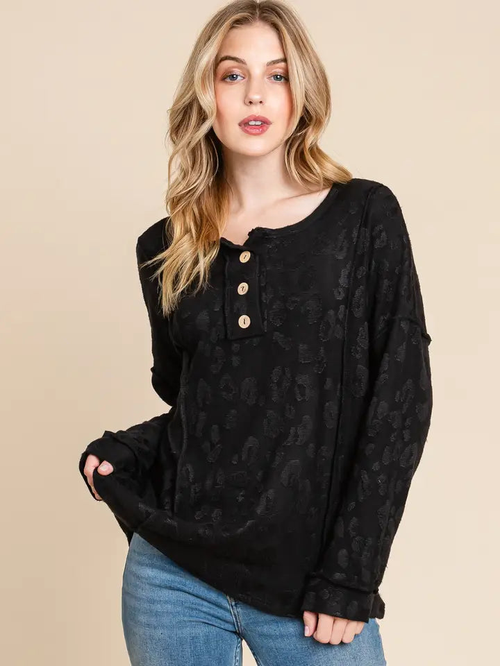 Black Leopard Textured Button Front Top