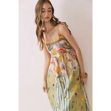 Patchwork Print Shoulder Tie Strap Midi Dress