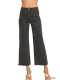 Black Acid Washed Frayed Cutoff Hem Straight Wide Pants