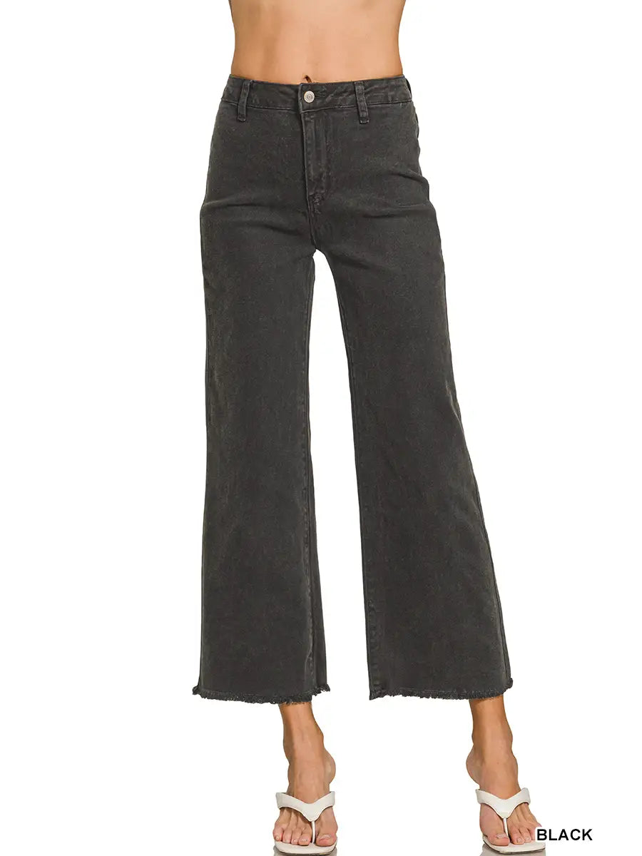 Black Acid Washed Frayed Cutoff Hem Straight Wide Pants