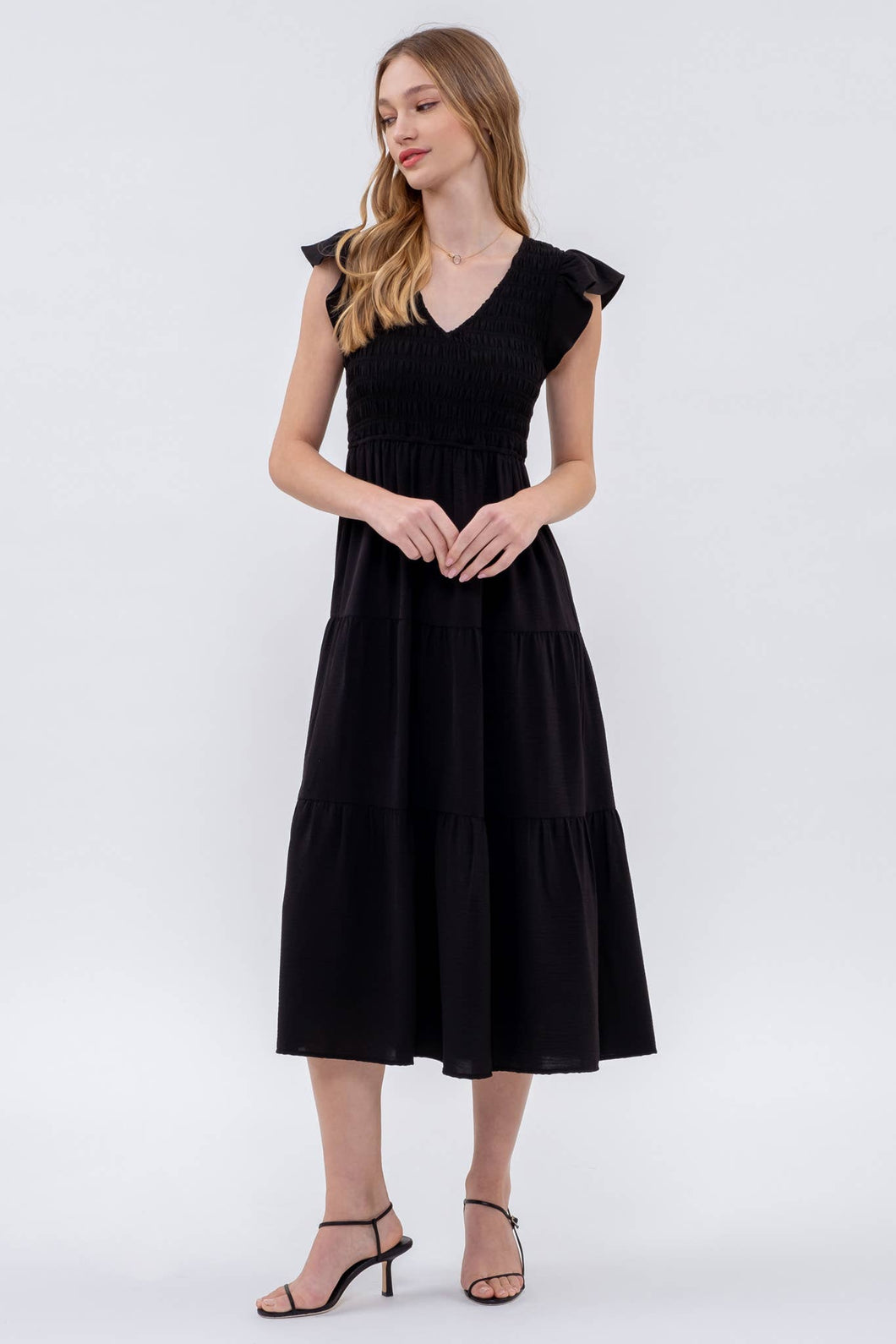 FLUTTER SLEEVE MAXI DRESS: BLACK