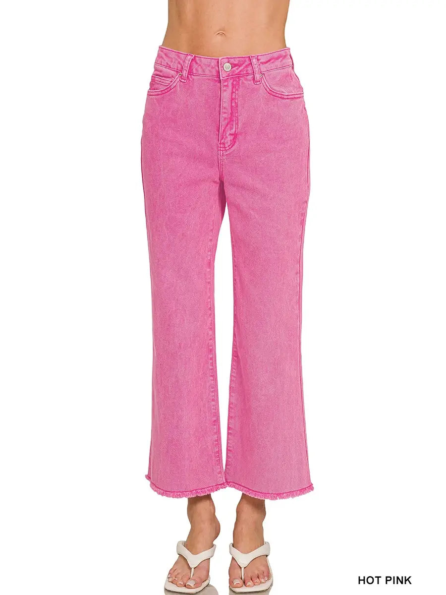 Hot pink Acid Washed High Waist Frayed Hem Bootcut Pants
