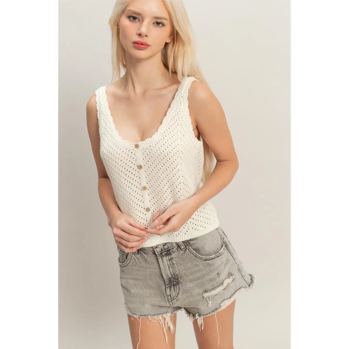 Cream Open Knit Scallop Edge Button Front Tank Top