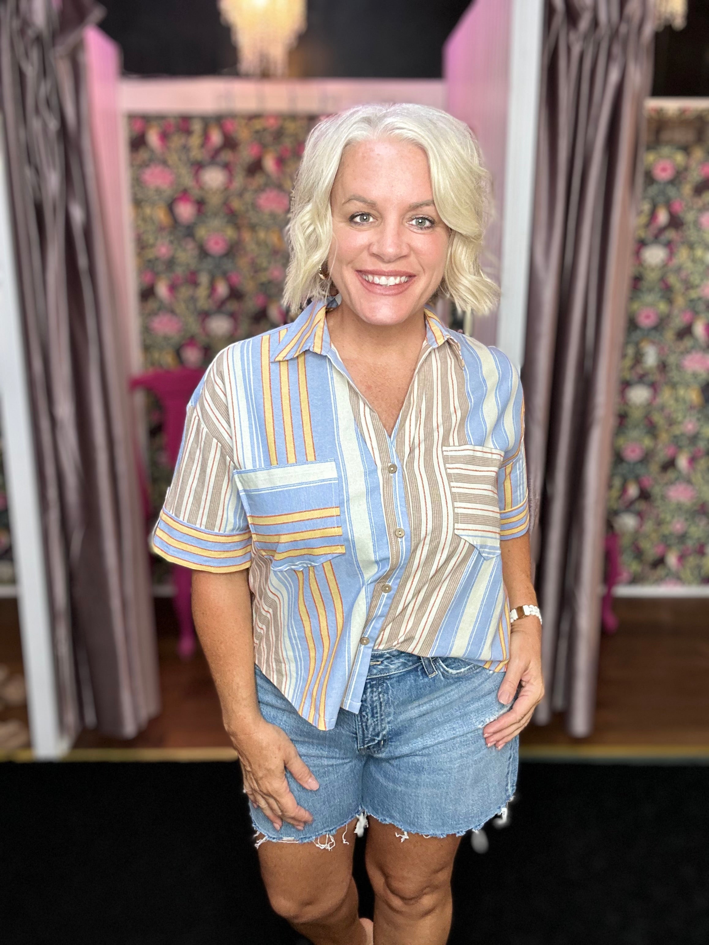 Multi Stripe Short SLEEVE BUTTON UP TOP
