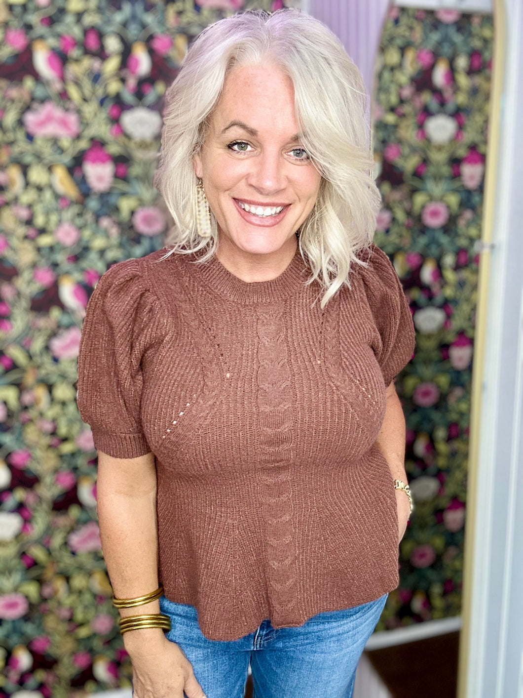 Flared Puff Sleeve Knit Top in chocolate
