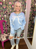 Sky Blue Coquette Bow Wide Sleeve Slub Knit Sweater