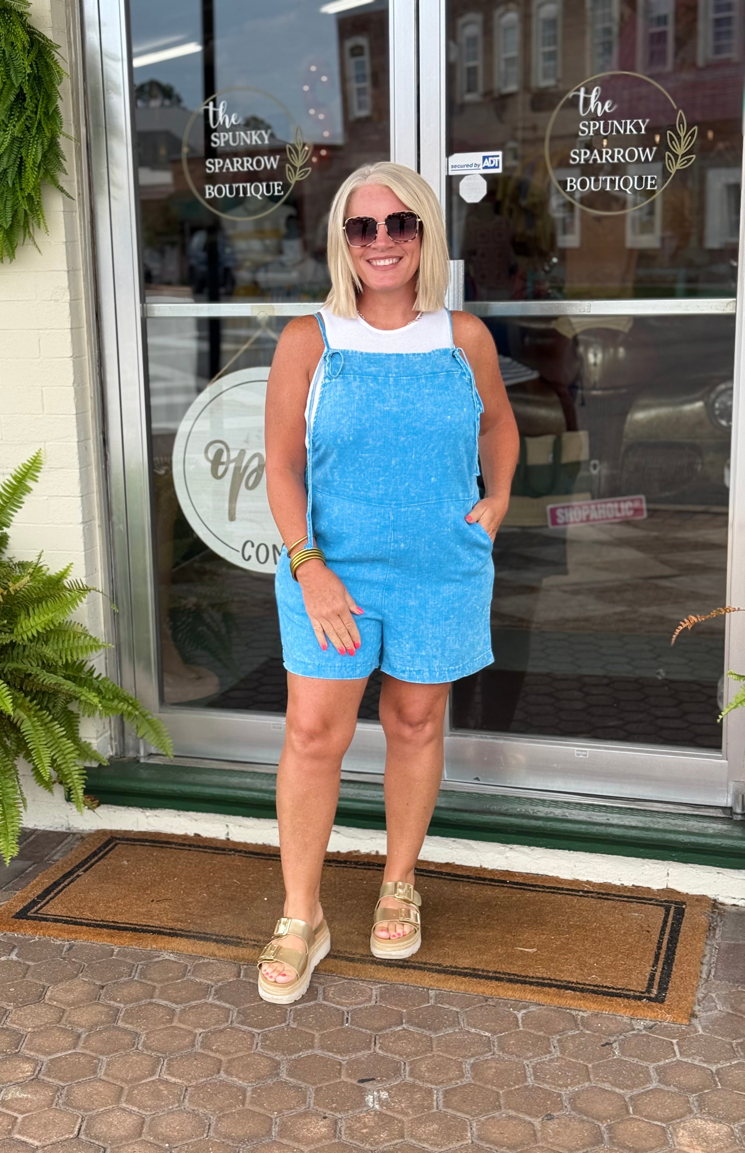 Deep Sky Washed Linen Knot Strap Rompers