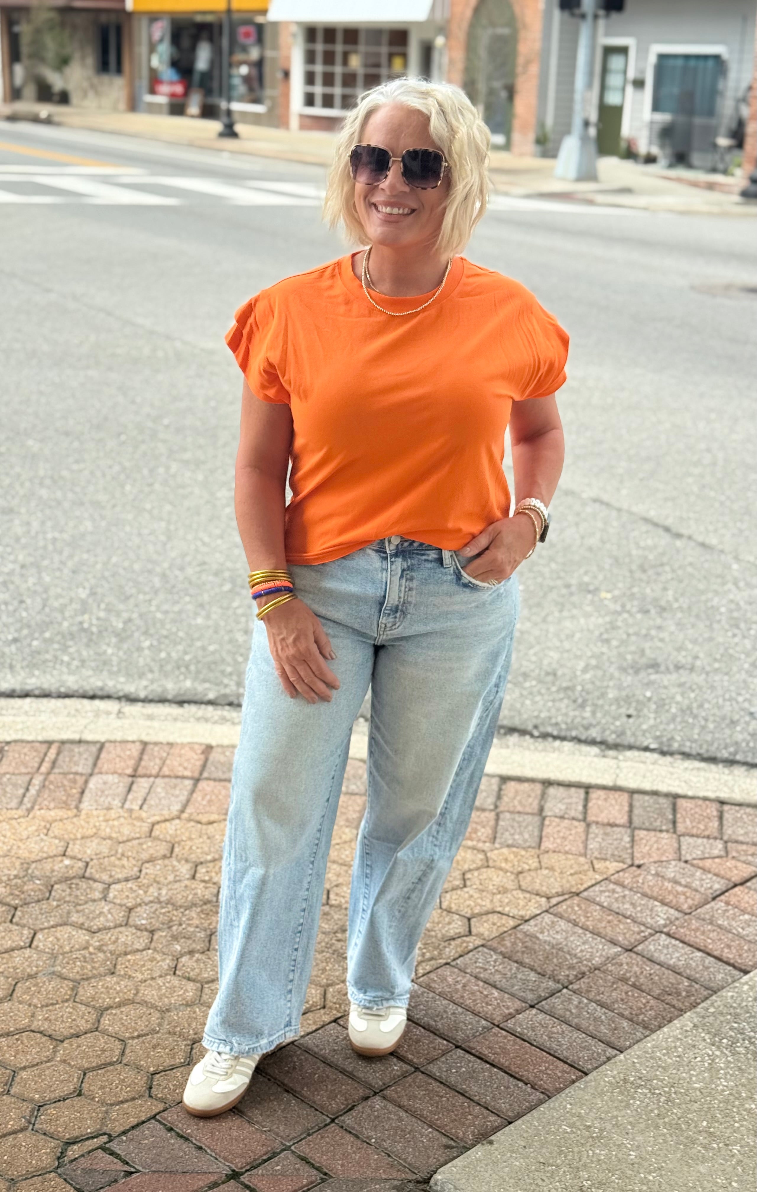 Bright Orange Cotton Spandex Cap Sleeve Top