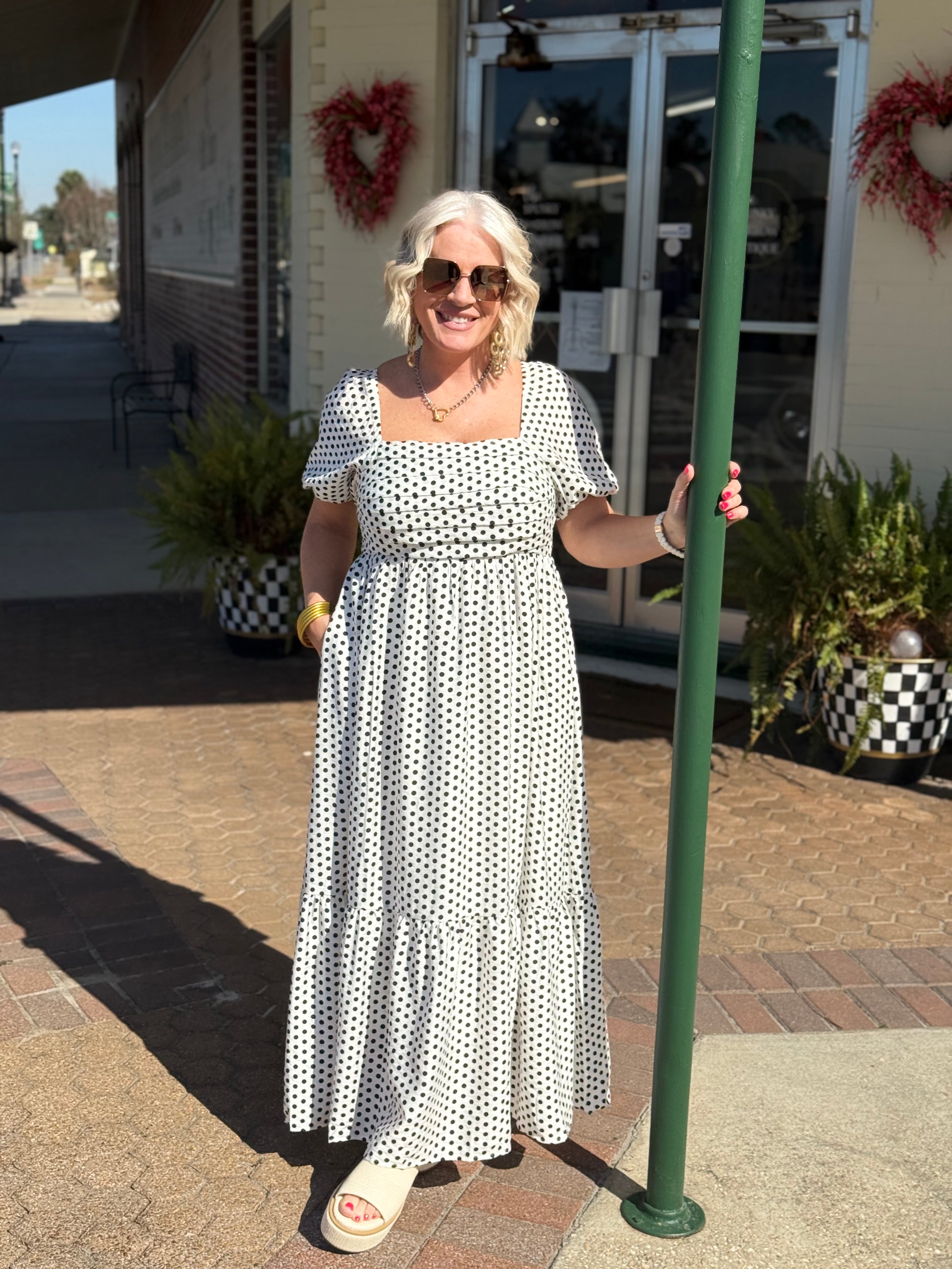 Pleated Polka Dot Maxi Dress