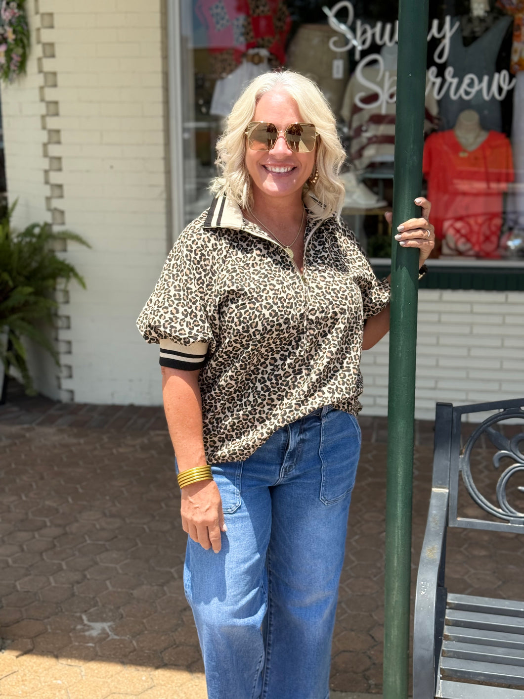 LEOPARD QUARTER ZIP TOP IN TAUPE