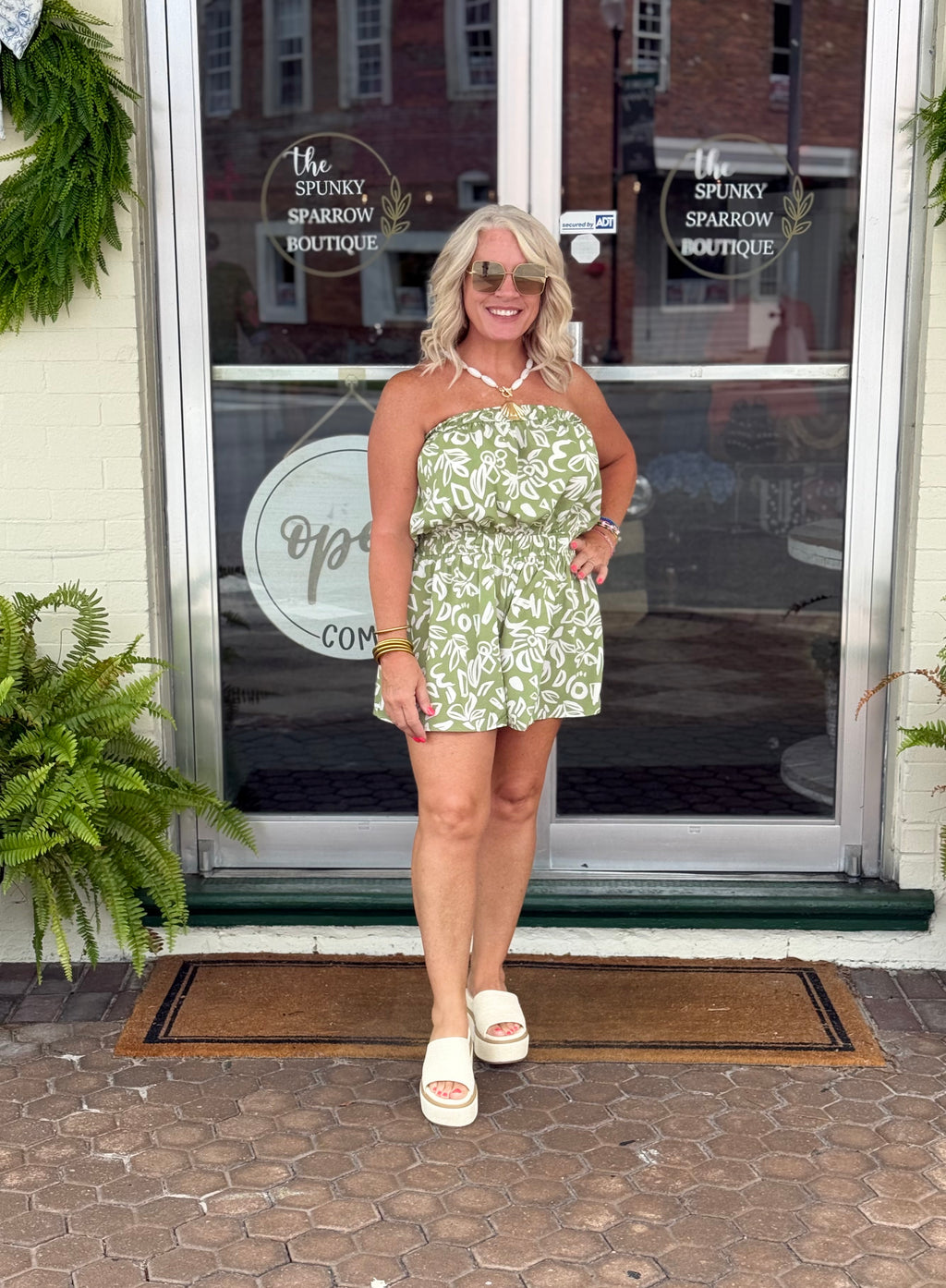 Juniors Earthy Print Elastic Waist Romper in Sage and Ivory