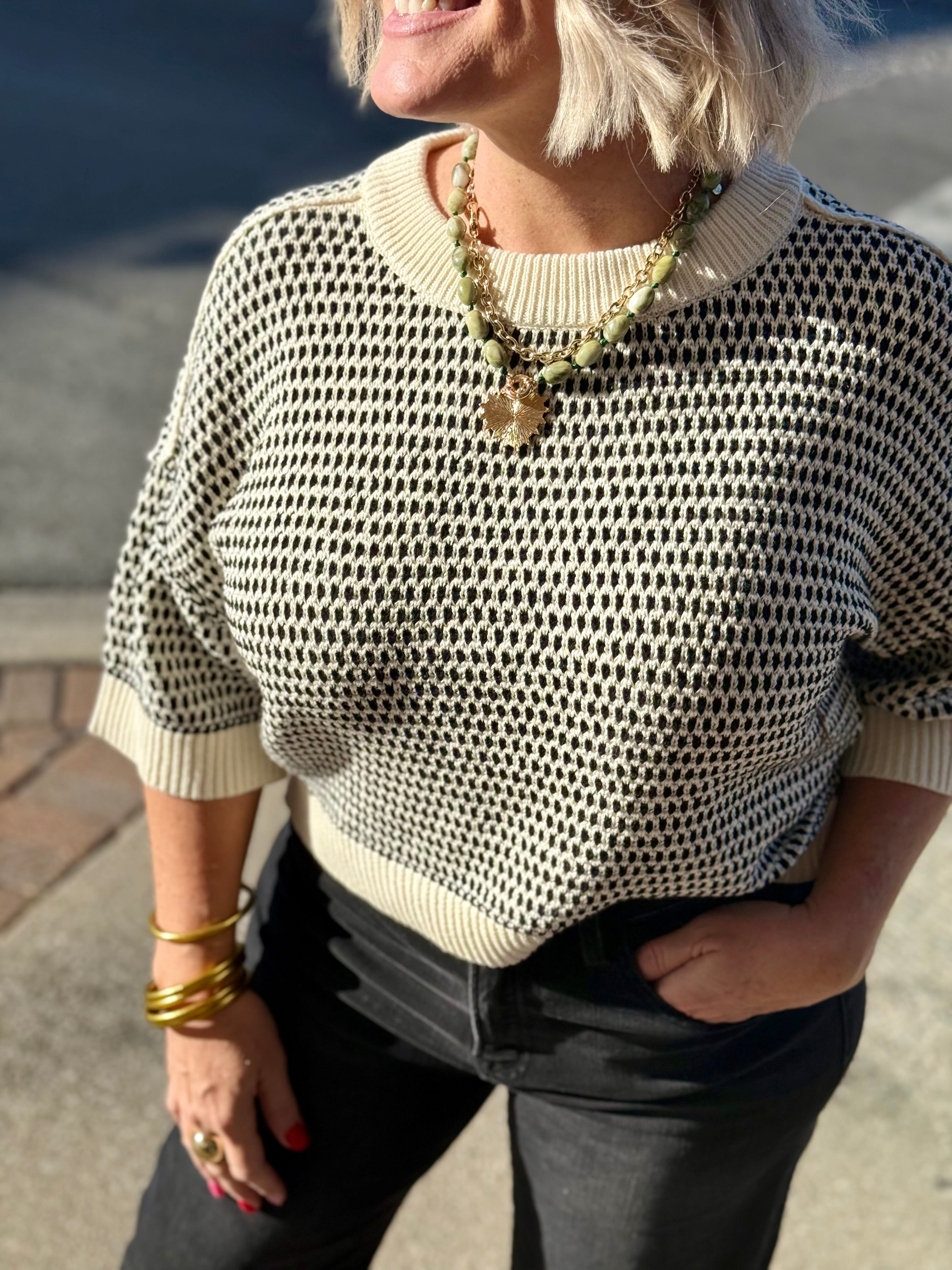 Oatmeal Contrast Trim Short Sleeve Knit Sweat