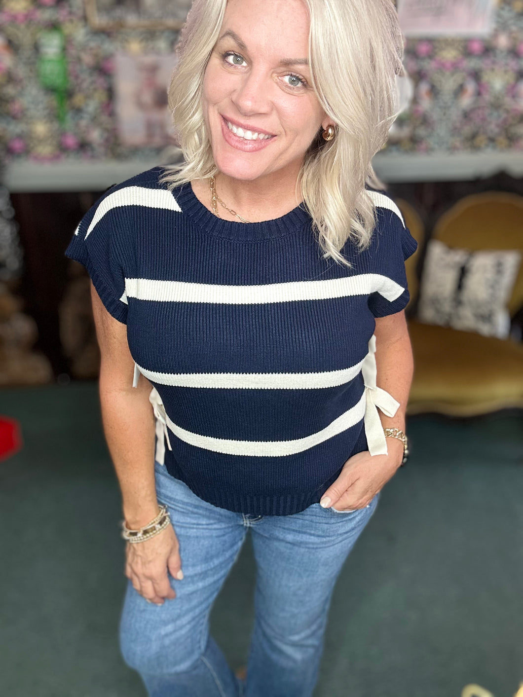NAVY STRIPE SHORT SLEEVE SWEATER TOP WITH TIE  ACCENT