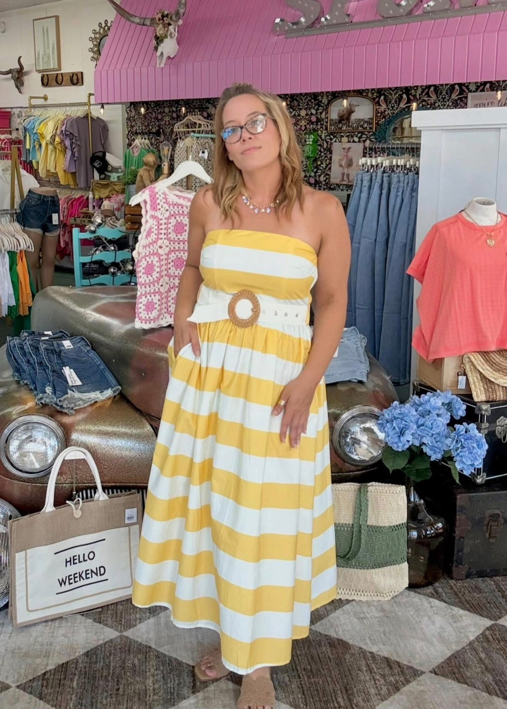 Yellow Striped Strapless Midi Dress