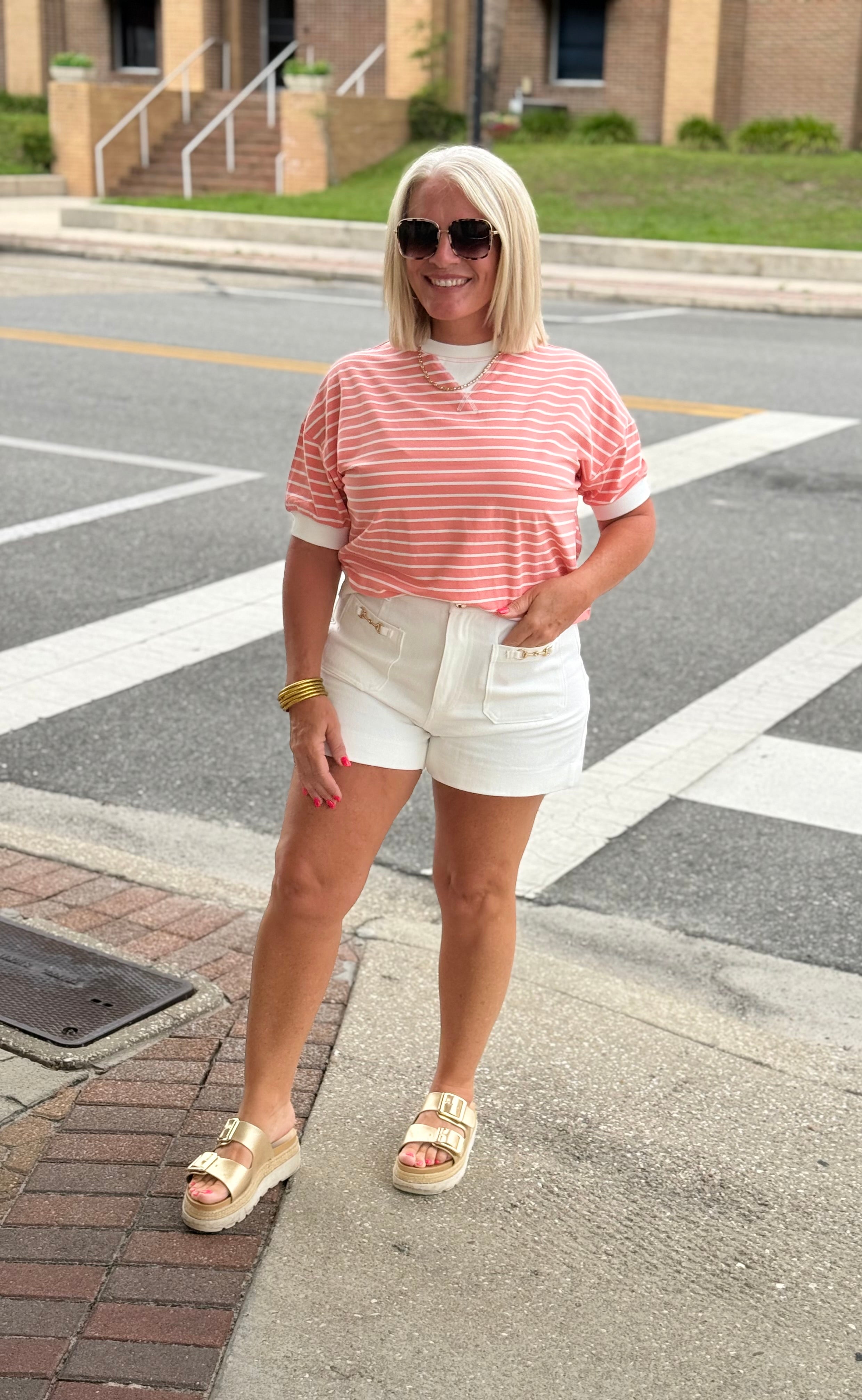 Coral Striped Rib Banded Pullover