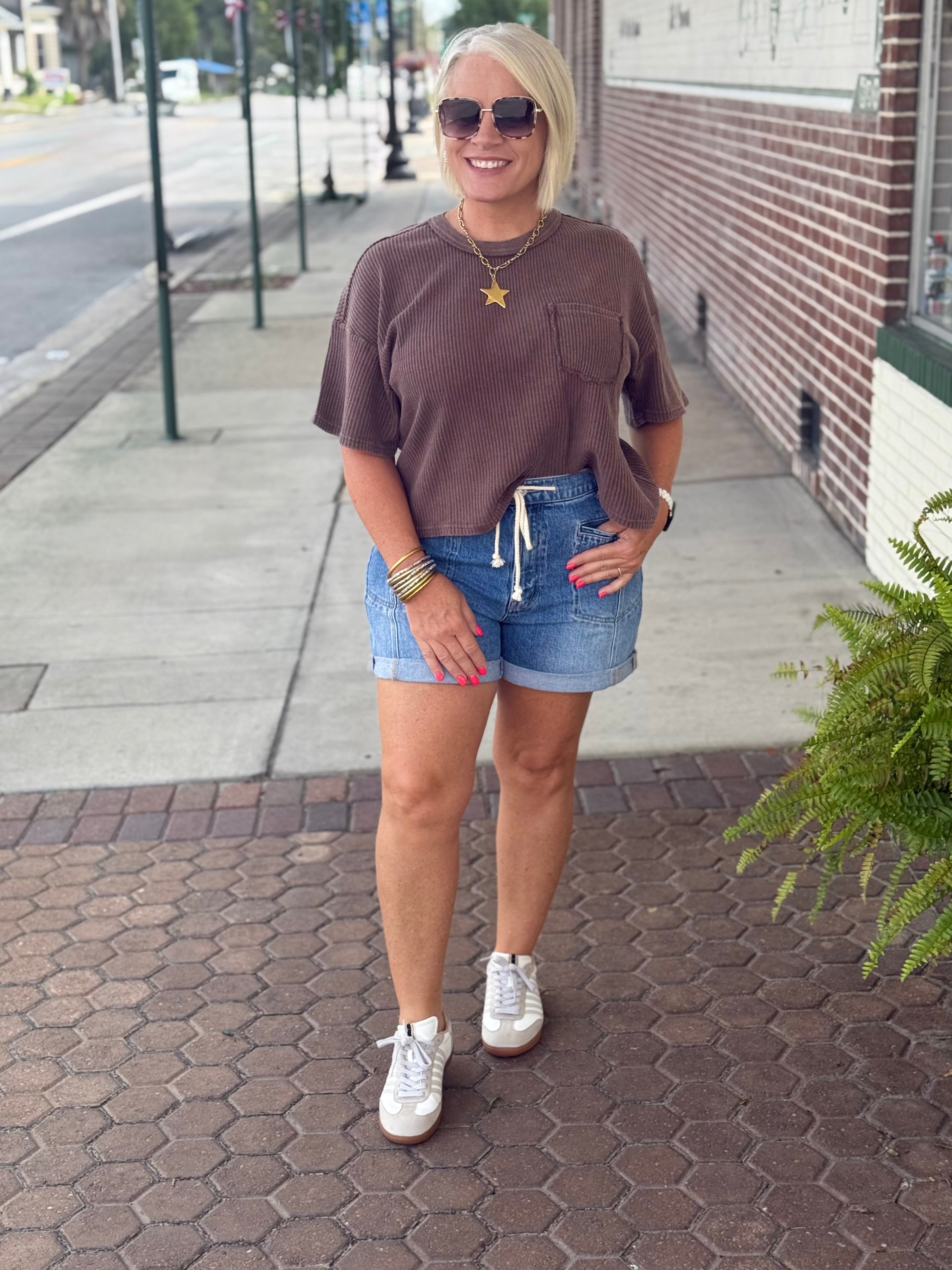 Waffle short sleeve top in Dark Brown