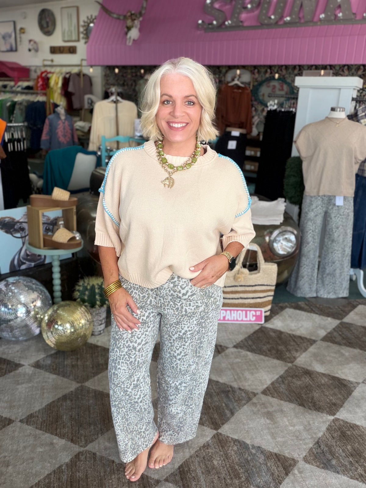 Vervet High Rise Side Seamed Leopard Print Barrel Jeans