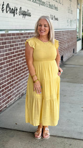 Smocked Tiered Midi Dress in Dust Yellow