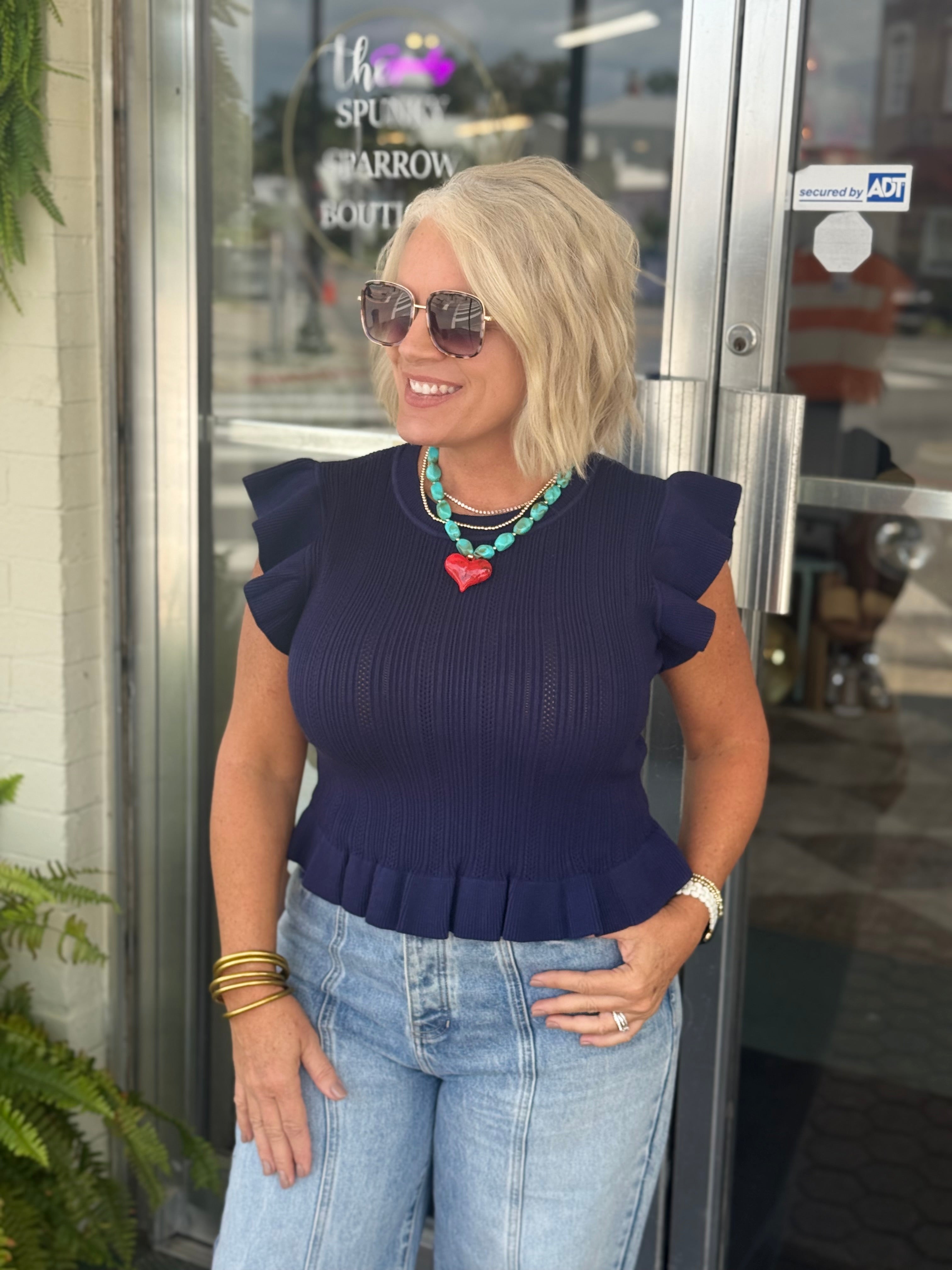 Navy Ruffled Hem Ribbed Knit Top