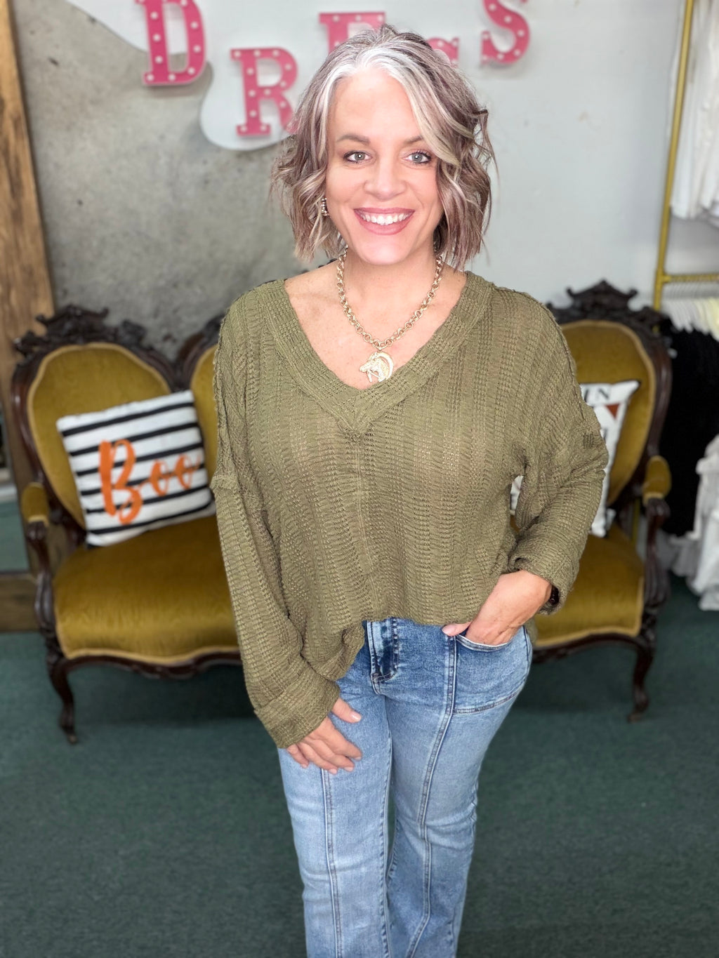 OLIVE Open Weave V-Neck Top
