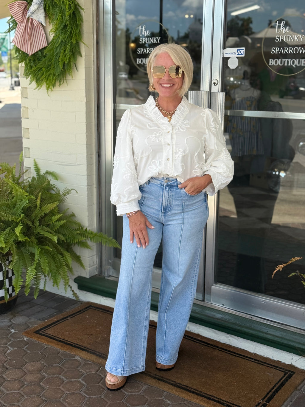 White Button Down 3d Floral Top