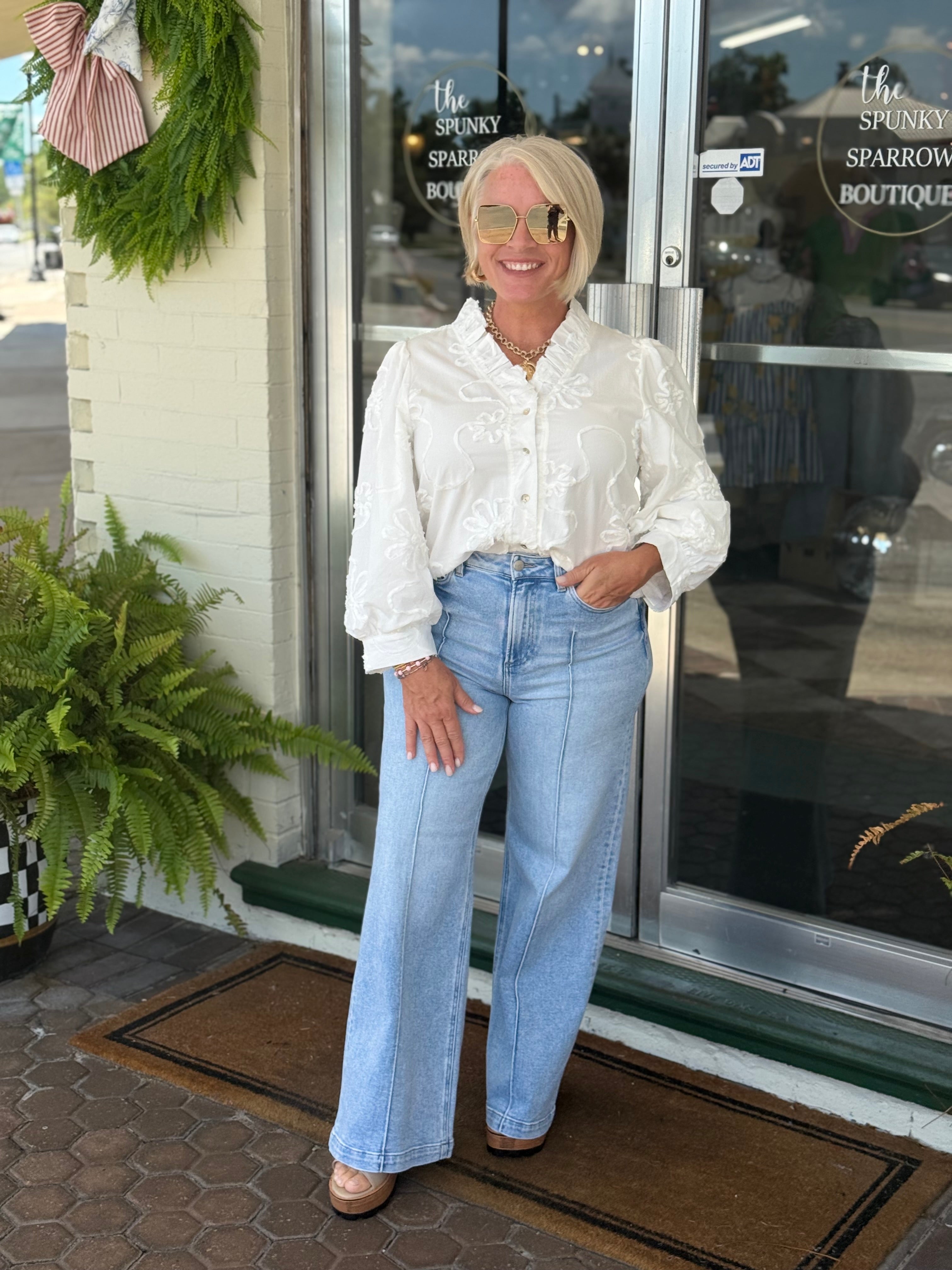 White Button Down 3d Floral Top