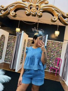 Denim Ruffle Sleeve Short Set