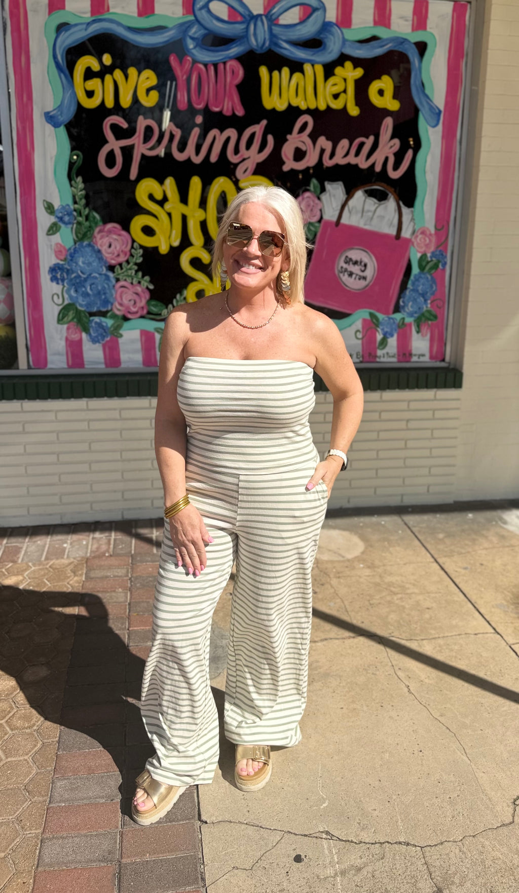 Sage Green Striped Jersey Tube Top and Pants Set