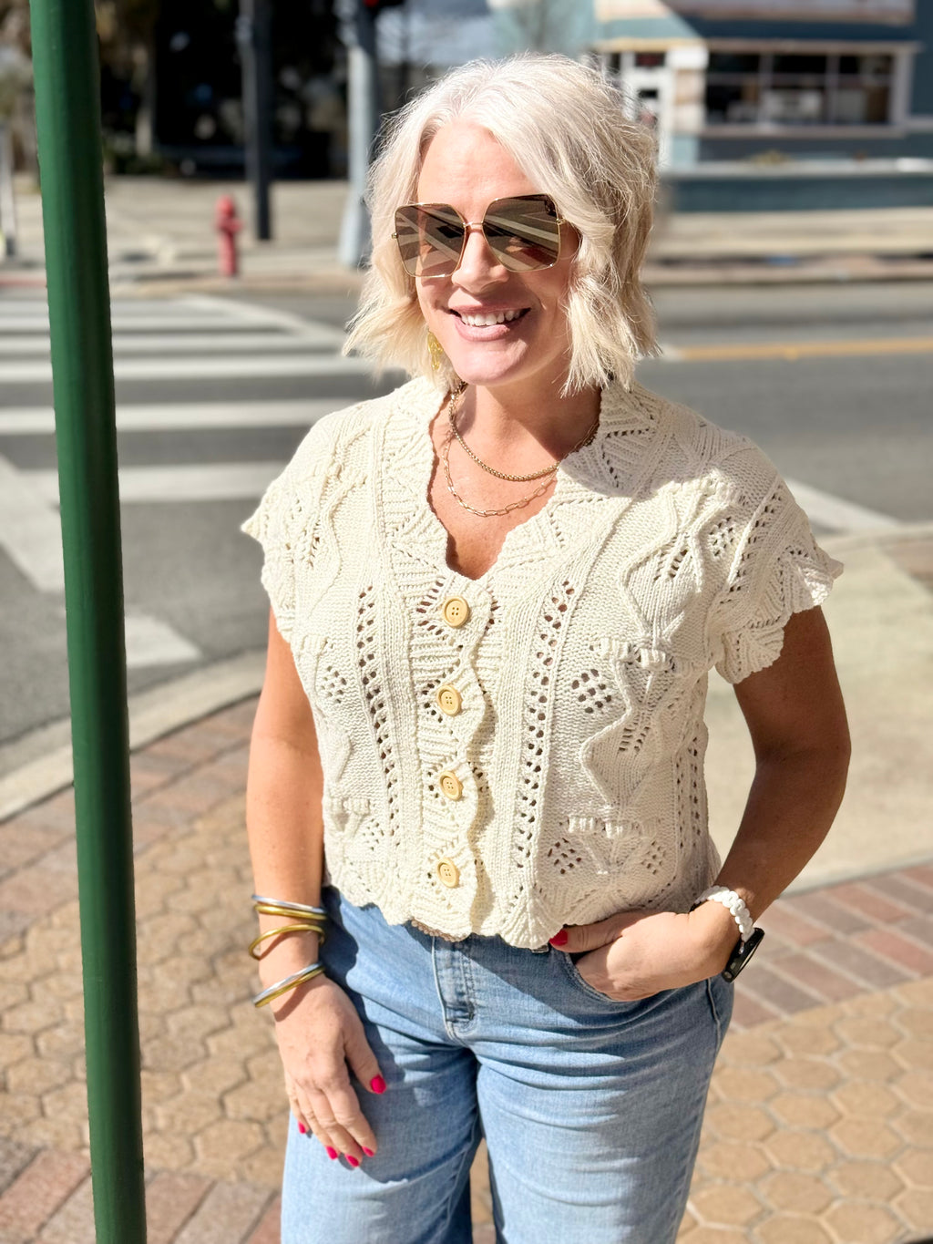 Cream Button-Front Crochet Sweater