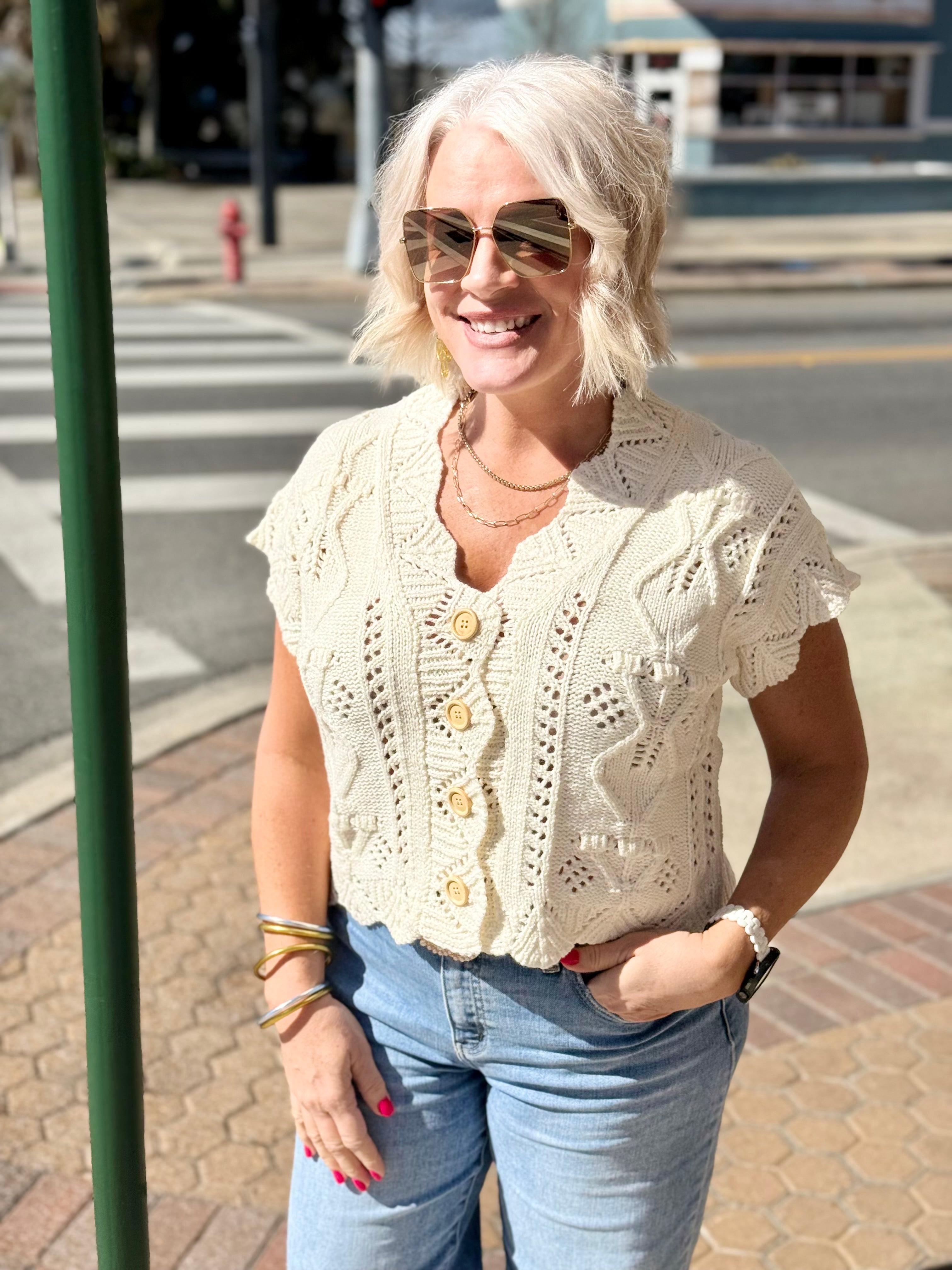 Cream Button-Front Crochet Sweater